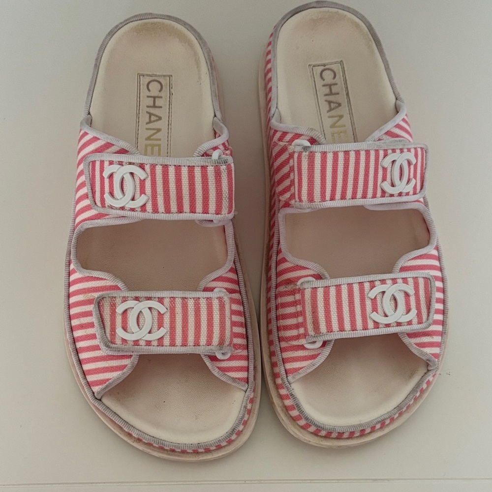CHANEL Pink and White Striped Sandals